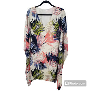 Caramela Large Tropical Leaf Print Kimono Dress Womens White Colorful Short